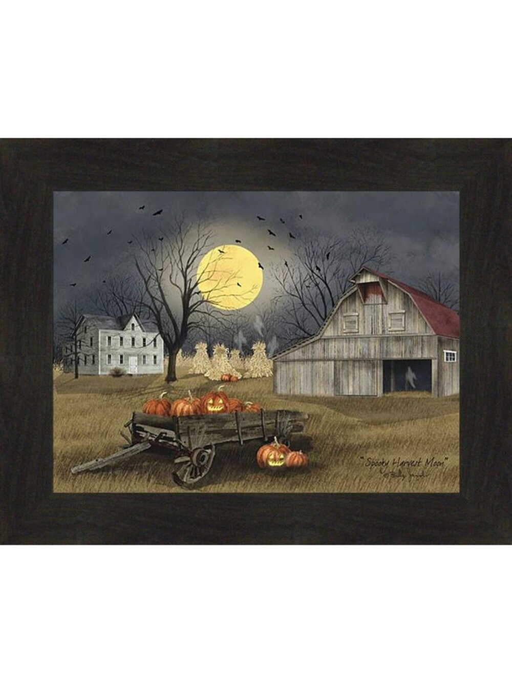 Spooky Harvest Moon Art Print - 16x20 Halloween Decor with Bats, Ghosts